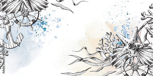 Marine animals with anchor, rudder and lifebuoy. Illustration of hand drawn graphics, vector in EPS format. Template, frame on white background.