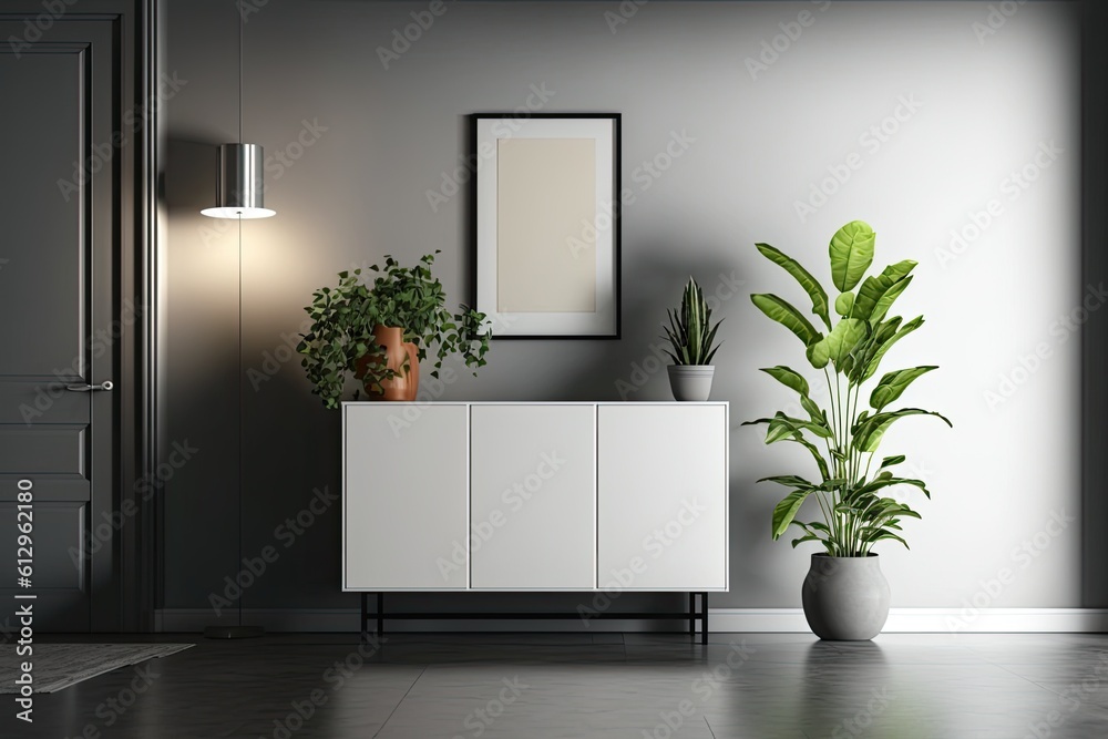 minimalist room with a potted plant and a mirror on the wall. Generative AI minimalist room with a potted plant and a mirror on the wall. Generative AI