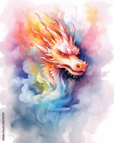 Watercolor Smoke Dragon Coloful Pastel Generative AI Illustration