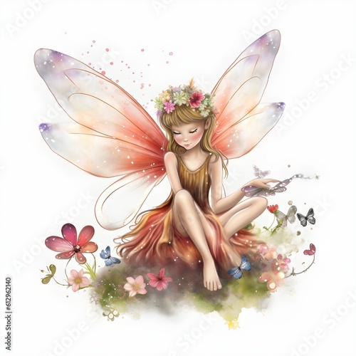 Vibrant floral symphony, delightful clipart of cute fairies with colorful wings and harmonious flower adornments