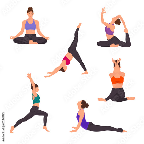 Yoga Poses Set. Young woman practicing Yoga pose. Woman workout fitness, aerobic and exercises. Йога.