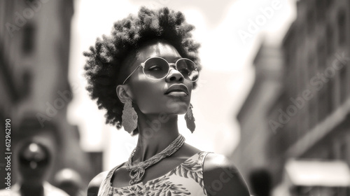 Street Photography In monochrome hues, an Afro-Caribbean woman, her style street-smart and sharp, wields her sunglasses against soft amber light. Generative AI