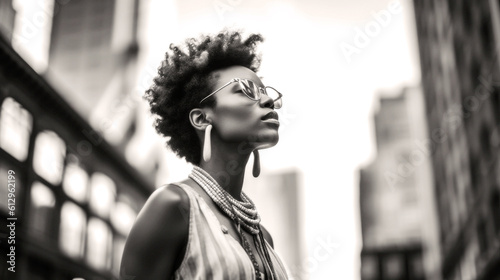 Street Photography In monochrome hues, an Afro-Caribbean woman, her style street-smart and sharp, wields her sunglasses against soft amber light. Generative AI