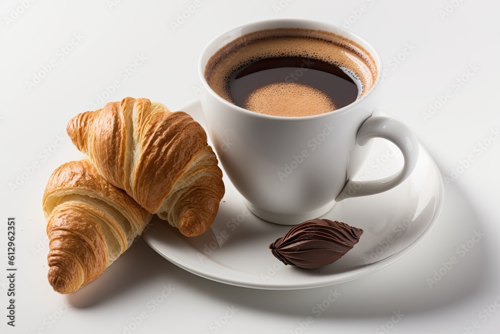 delicious French breakfast with coffee and croissant on a plate. Generative AI delicious French breakfast with coffee and croissant on a plate. Generative AI