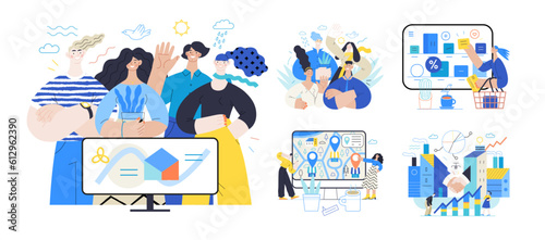 Memphis business illustration, company - modern outlined flat vector concept illustrations set, corporate Corporate Memphis style business metaphor