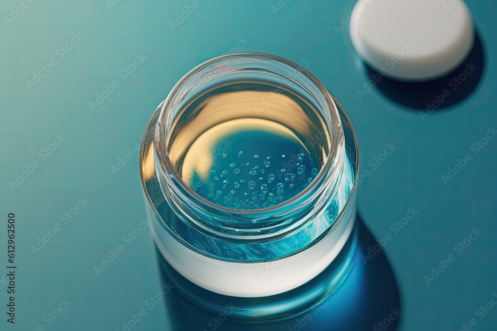 clear glass jar filled with colorful liquid on a wooden table. Generative AI clear glass jar filled with colorful liquid on a wooden table. Generative AI
