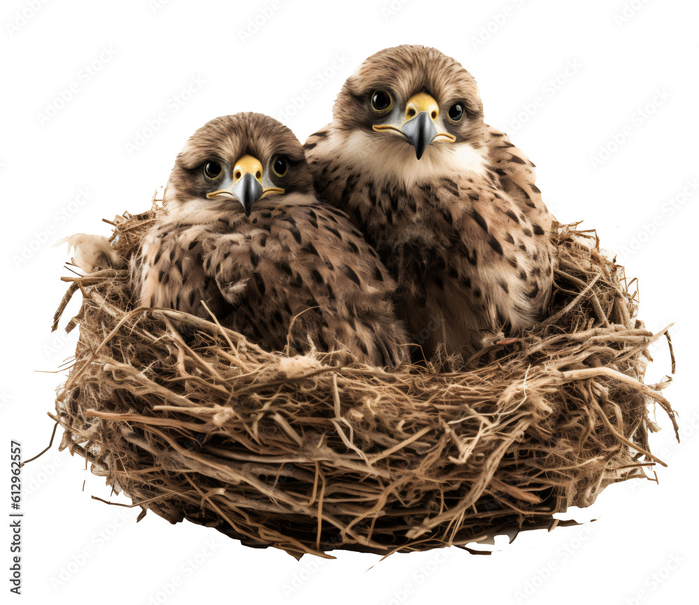 Falcon chicks in nest isolated on the transparent background PNG. AI generative. Falcon chicks in nest isolated on the transparent background PNG. AI generative.