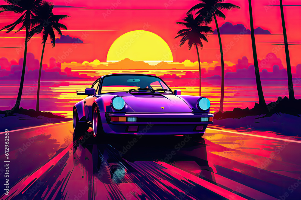 80s style illustration with car  away from a sunset. Generative AI.