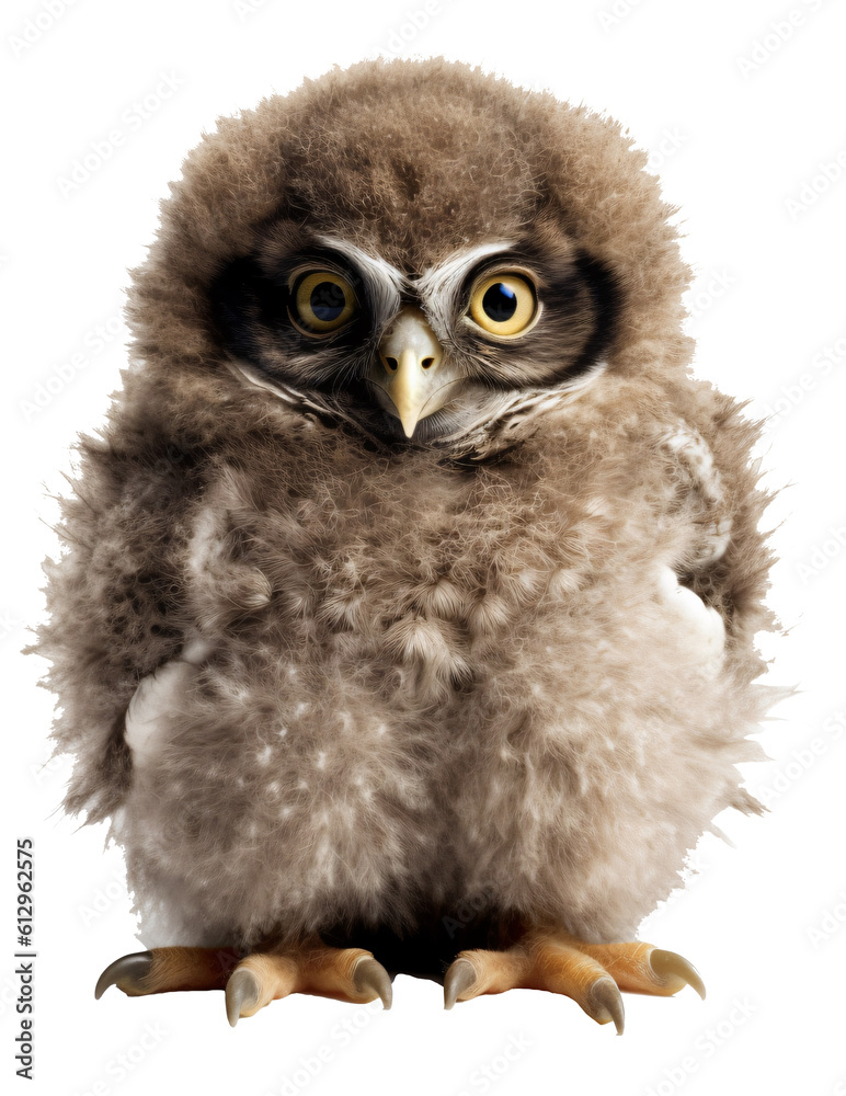 Fototapeta premium Owl chick isolated on the transparent background PNG. AI generative.