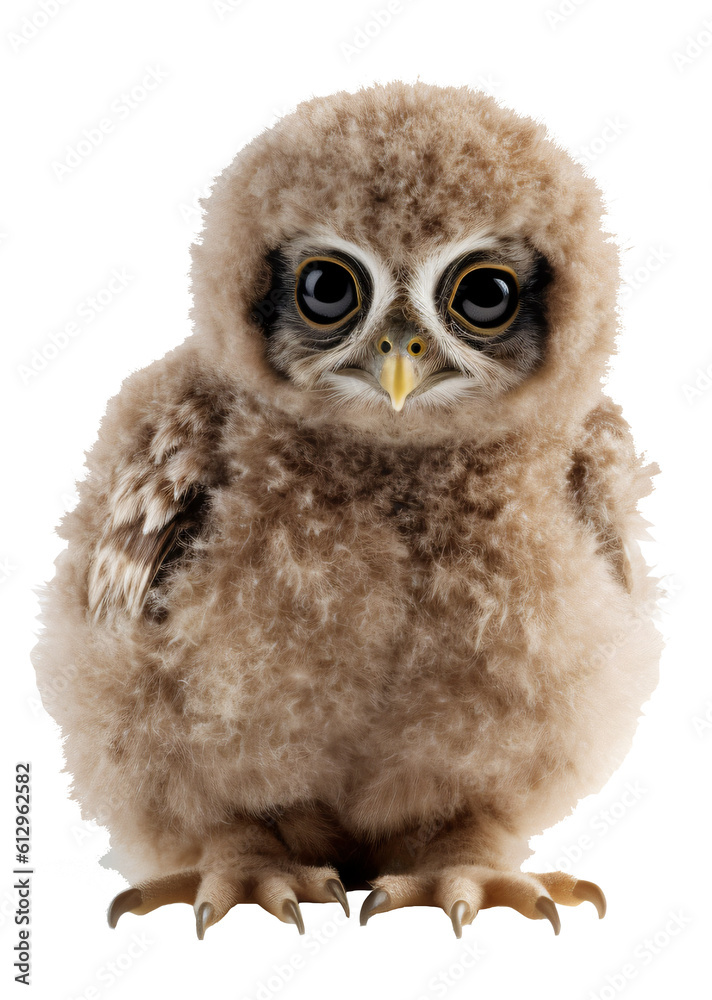 Fototapeta premium Owl chick isolated on the transparent background PNG. AI generative.