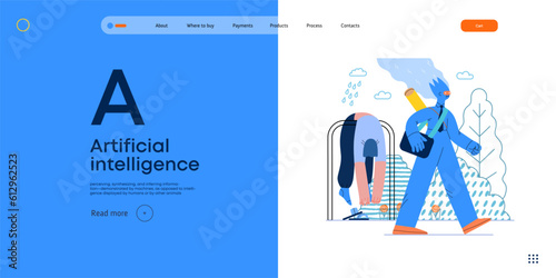 Artificial intelligence illustration. Job -modern flat vector concept illustration -AI going to work instead of human, upset woman stays home. AI metaphor, advantage, superiority and dominance concept