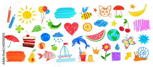 Illustration set of summer isolated child drawings