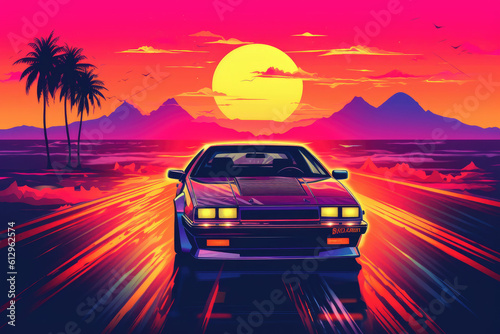 80s style illustration with car  away from a sunset. Generative AI. © Prime Lens