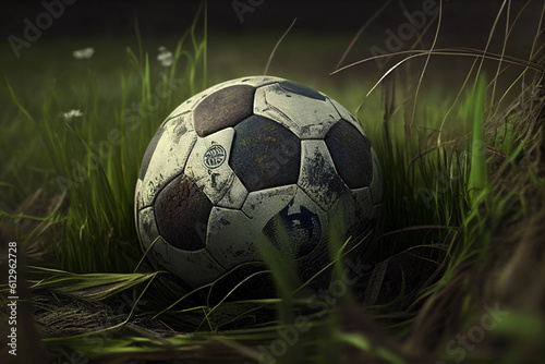 Old football ball in the grass. AI Generated