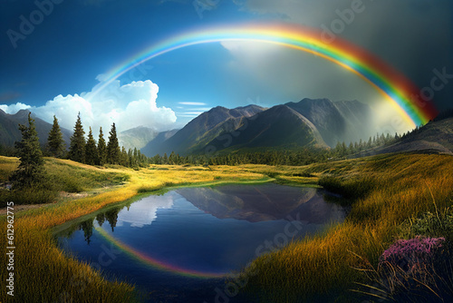 Summer landscape with a river and a rainbow. AI Generated