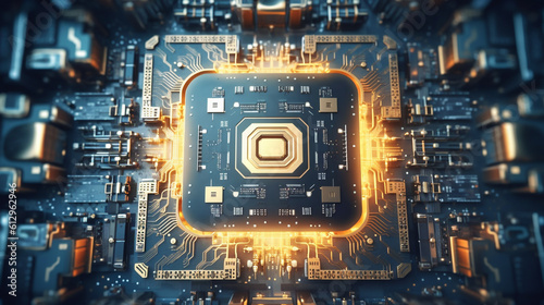 3D rendering of cyberpunk AI. Circuit board. Technological background. Mainframe computer processor CPU and GPU concept. Motherboard digital chip.