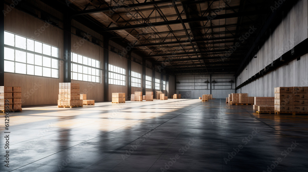 large storage room on a sunny day. Generative Ai. large storage room on a sunny day. Generative Ai.