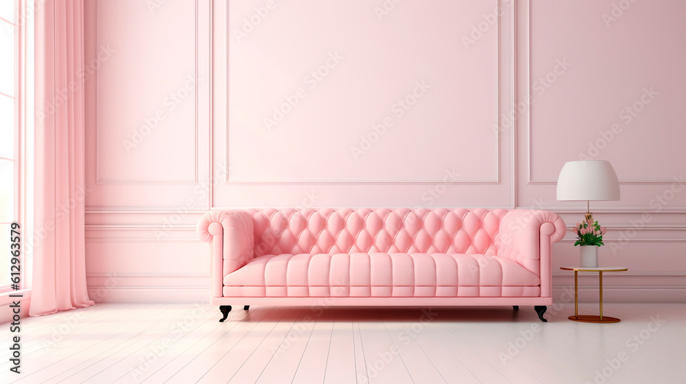 Fototapeta premium light pink sofa and white lamp lamp in a bright room. Generative Ai. 
