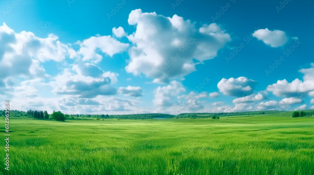 green grass and blue sky. Generative Ai. green grass and blue sky. Generative Ai.