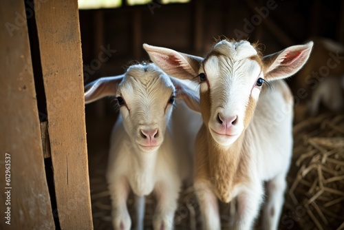 two adorable baby goats standing together in a rustic barn. Generative AI