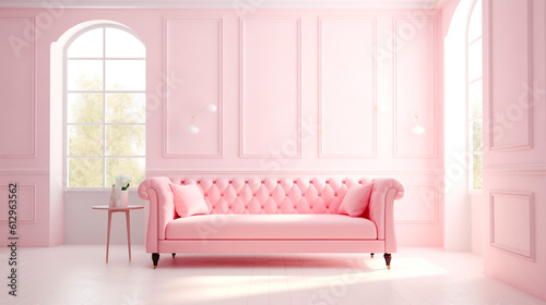 minimalistic light pink interior with two windows and a sofa. Generative Ai. 