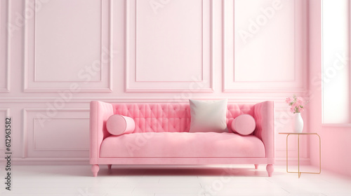 glamorous pink sofa on a light pink background. Generative Ai. 