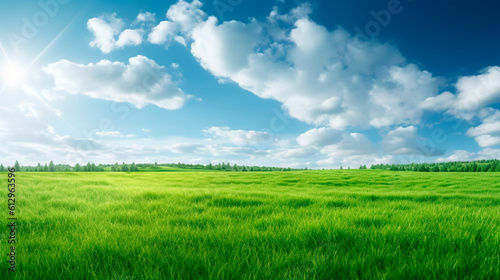 green field and blue sky with clouds. Generative Ai. 