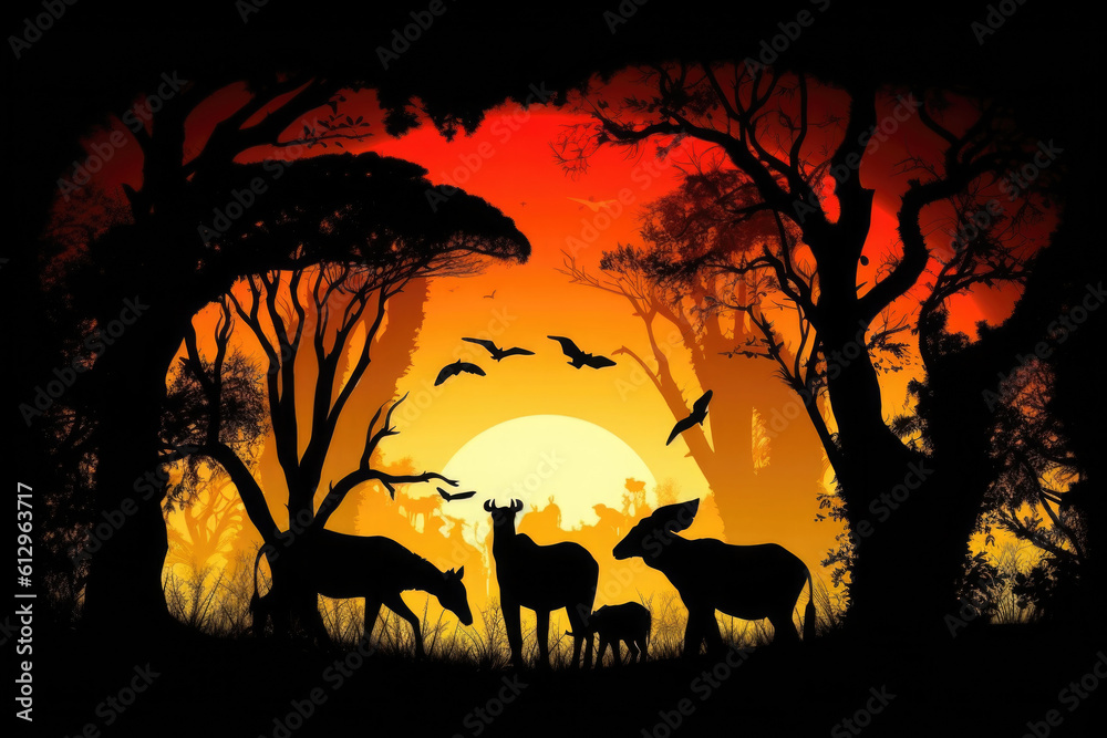Deer silhouettes at sunset. Wild animal in natural landscape. Created with Generative AI
