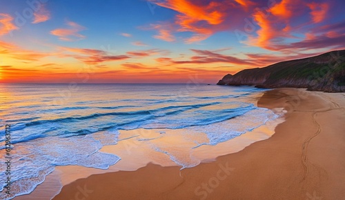 Illustration of a spectacular beach landscape at sunset.