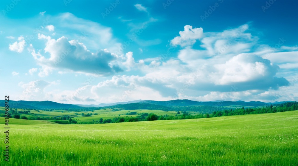 landscape with green grass and blue sky. Generative Ai. landscape with green grass and blue sky. Generative Ai.