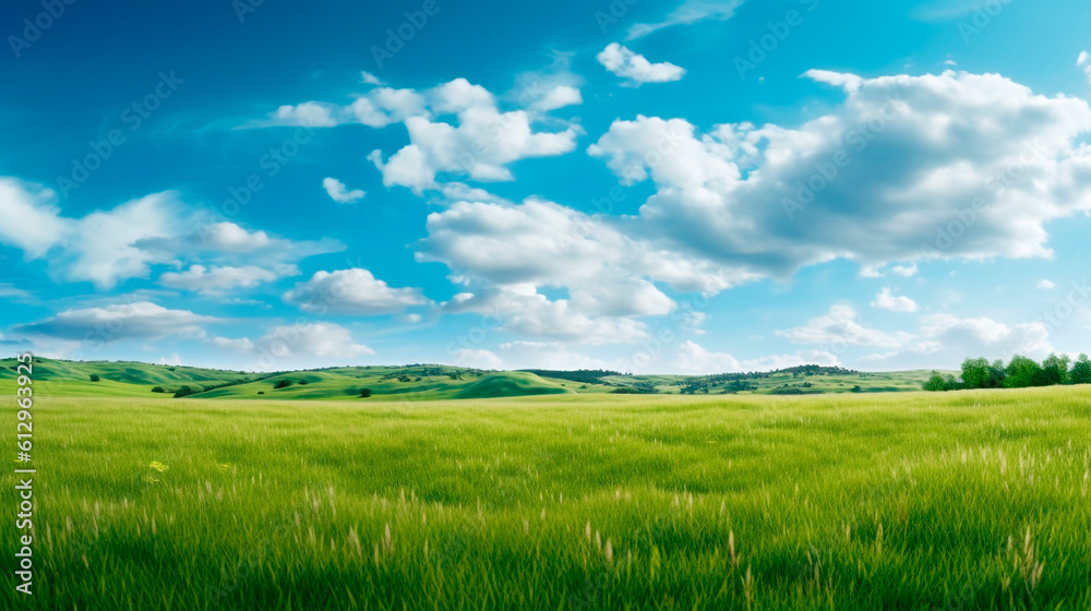 green field and blue sky with clouds. Generative Ai. 