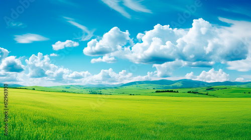 green field and blue sky. Generative Ai. 