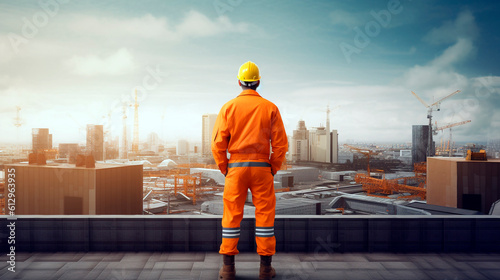 civil engineer in orange workwear from the roof of a high-rise building inspects the city. Generative Ai.  photo