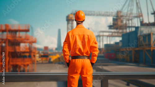 a worker in orange overalls looks from the roof at the factory © PETR BABKIN