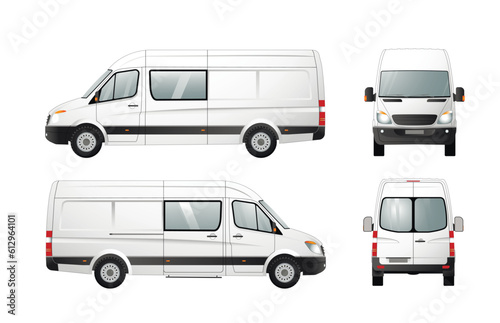 White cargo-passenger van, front, rear, right, left view. Commercial van. Vector illustration.