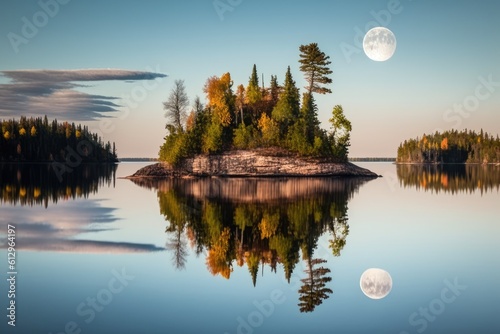 An island reflects on a calm lake with an autumn colored, tree lined shoreline and the moon in the background. Islet Lake in Ontarios Algonquin Provincial Park. Generative AI photo