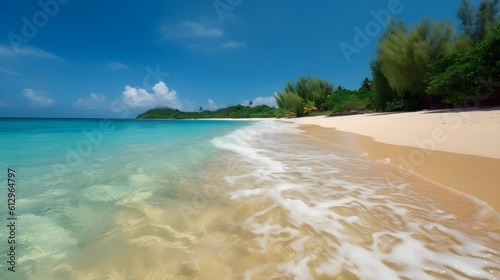 Tranquil paradise, secluded sandy beach, gentle breezes, and serene atmosphere