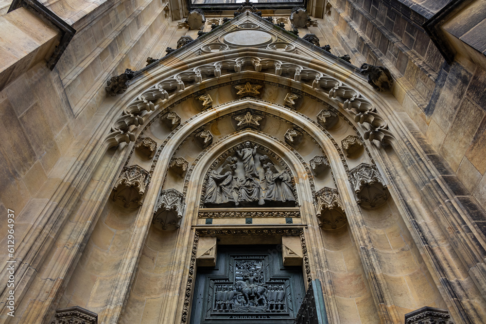Fragment of Saint Vitus Cathedral (1344) - Gothic Roman Catholic cathedral in Prague Castle, seat of the Prague Archbishop. Prague, Czech Republic.