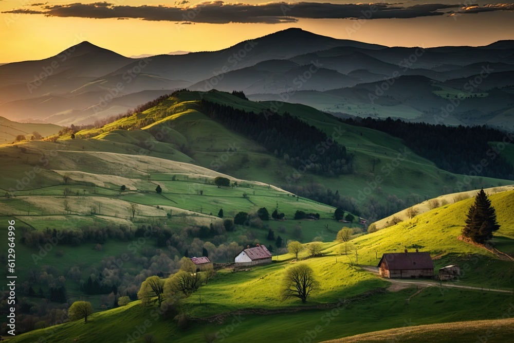 A view of the Romanian countryside in the twilight light at sunset. Stunning springtime alpine landscape. a lush landscape with hills that slant. in the countrys scenery. Generative AI