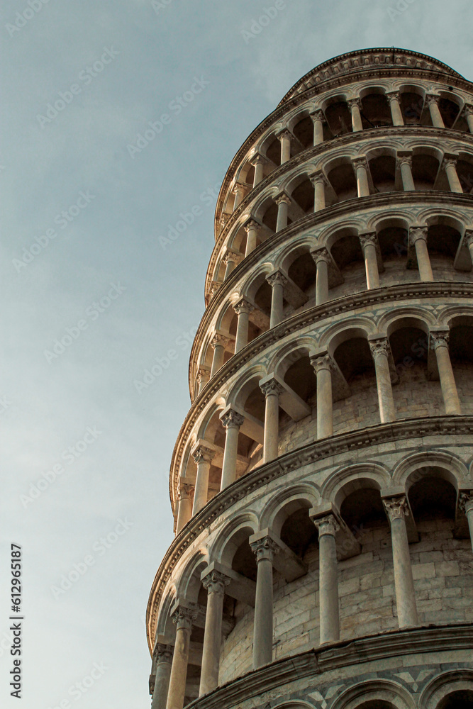 Photograph of the Tower of Pisa seen from below