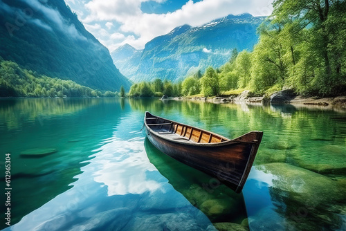 A wooden boat is floating in clear water mountains, beautiful landscape. Generative AI © innluga