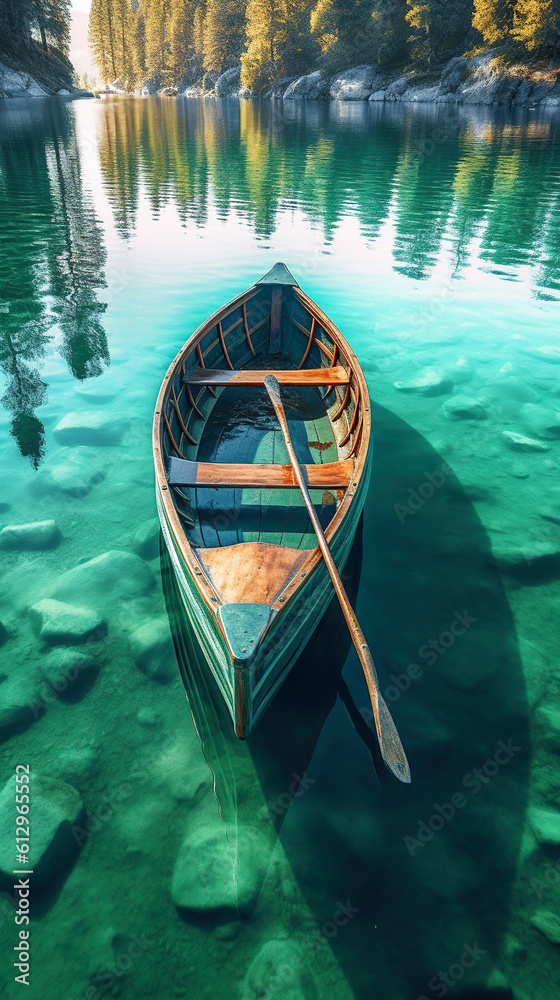 A wooden boat is floating in clear water mountains, beautiful landscape. Generative AI A wooden boat is floating in clear water mountains, beautiful landscape. Generative AI