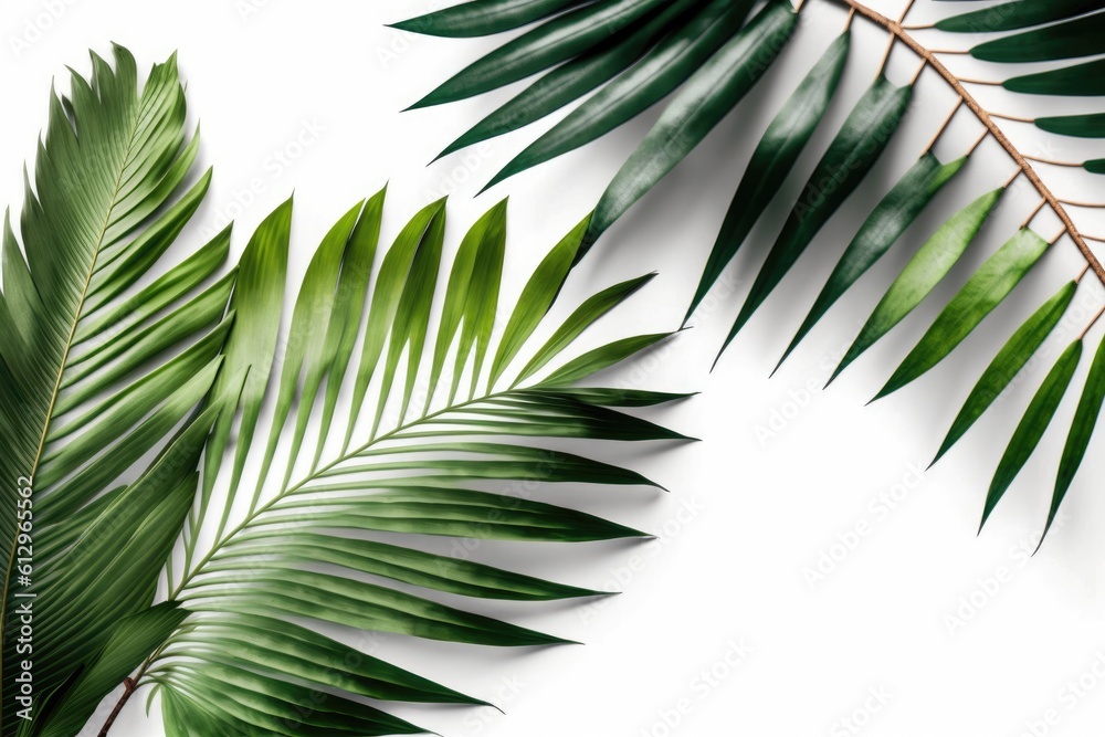 Obraz premium a white backdrop with an isolated image of coconut or palm leaves and a clipping path for design elements a tropical leaf, a summer scene. Generative AI