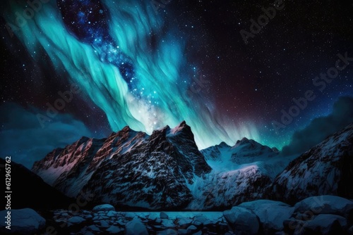 majestic mountain landscape with aurora borealis lights in the sky. Generative AI