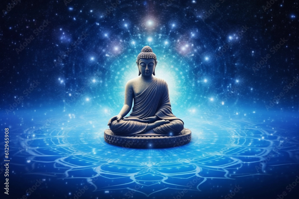 Buddha sits in a pose of meditation against the backdrop of blue glow. Generative AI Buddha sits in a pose of meditation against the backdrop of blue glow. Generative AI