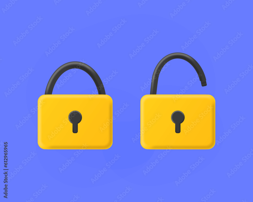 3d Lock with Key icon. Cartoon render yellow padlock isolated. Security concept. Vector illustration 3d Lock with Key icon. Cartoon render yellow padlock isolated. Security concept. Vector illustration