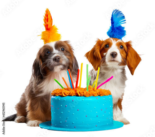 Funny cute dogs sitting behind a birthday cake on a transparant background, cut out clipart for print and presentation