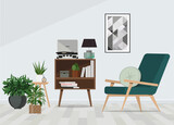 Stylish interior of living room with design wooden shelf, velvet armchair, a lot of plants, poster, vinyl recorder, book and personal accessories in vintage home decor.