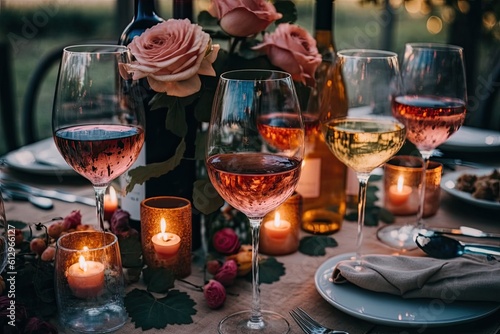 Obraz na plátně At a happy event, glasses of rose wine are shown. Generative AI