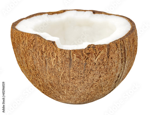 Coconut split, one half, isolated on transparent background .
